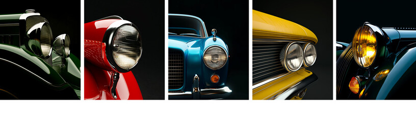Illustrative concept of luxury colorful classic cars headlamps on black background, Generative AI image