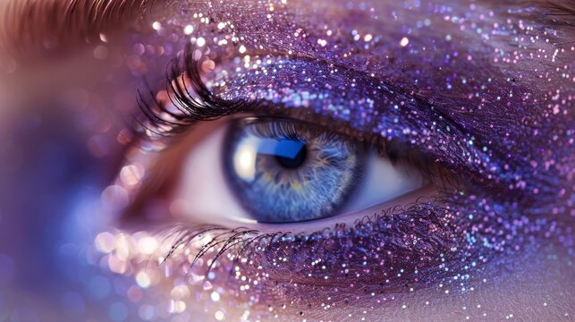  Blue Eye Glitter Portrait - A photo of someone's close-up blue eyes with purple glitter on their iris