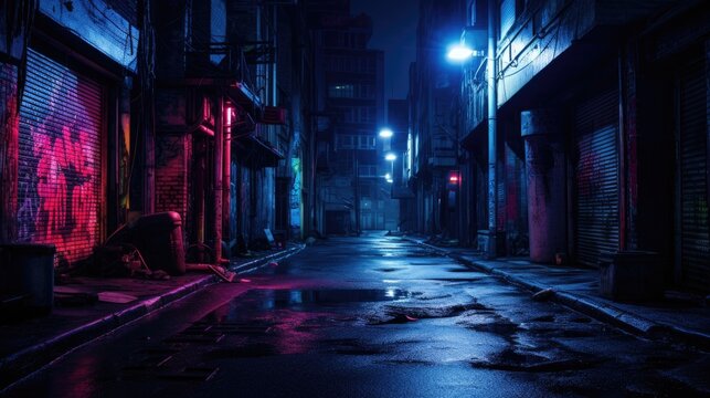 Dark street in cyberpunk city, gloomy alley with neon lighting