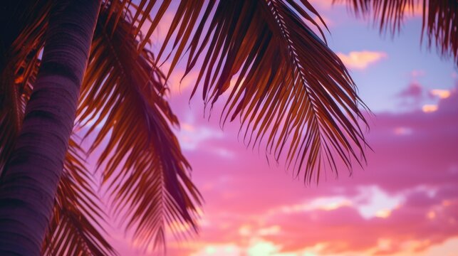 Palm tree with pink and purple sky in background