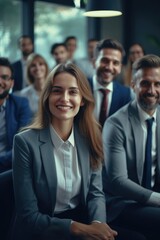 Woman in business suit is smiling at camera