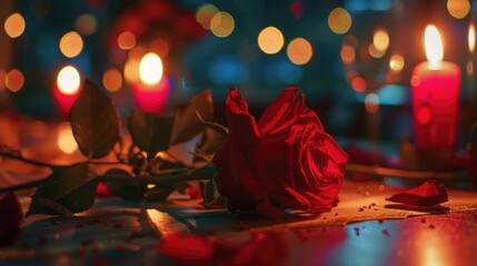 Red rose is laying on table with candles in background