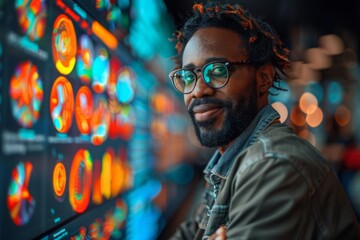 Fototapeta premium A professional with dreadlocks smiling confidently against a backdrop of vibrant data visualization screens.