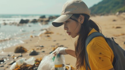 Fototapeta na wymiar Woman is picking up trash on beach