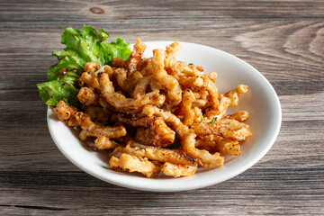 A view of a plate of Chinese fried squid.