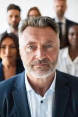 Man with beard and gray hair stands in front of group of people