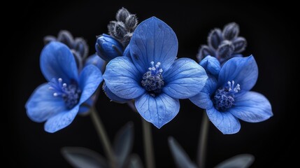  Blue flowers arranged on a black backdrop