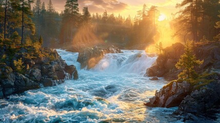 Sunset Cascades Over Forested Rapids