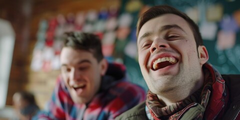 Two men are smiling and laughing together