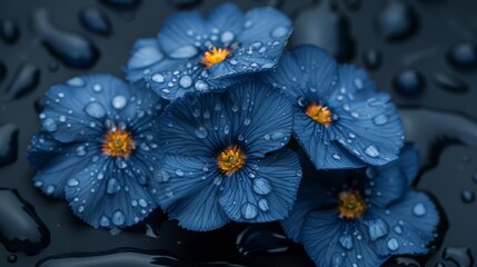  A cluster of azure blossoms resting atop a pool of H2O atop a dark base, dotted with dewdrops on their petals