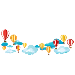 Papier Peint photo Montgolfière Whimsical hot air balloon border with floating baskets and clouds Transparent Background Images 