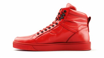 pair of stylish high-top sneakers in vibrant red, with bold accents and modern design details, standing out against a solid white background