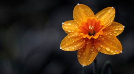  A high-resolution image of a yellow flower, with droplets of water on its petals, against a clear and crisp background