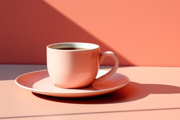 Red coffee cup on wooden table over red grunge background。