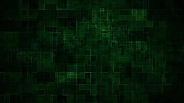 Light green glowing squarish shapes and lights on a black background, motion graphic futuristic fractal matrix, 4K CG animation, seamless loop-able with nested elements.