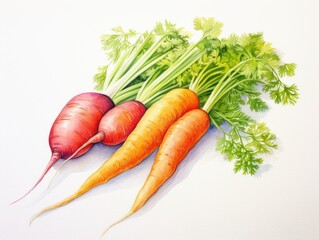 Three carrots and two celery stalks are shown in painting