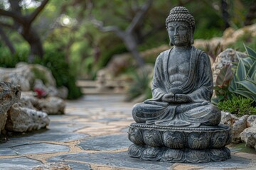 A stone Buddha statue sits in meditation in a tranquil garden setting.