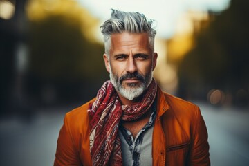 Portrait of a handsome mature man with gray hair and beard in a red scarf on a city street. - Powered by Adobe
