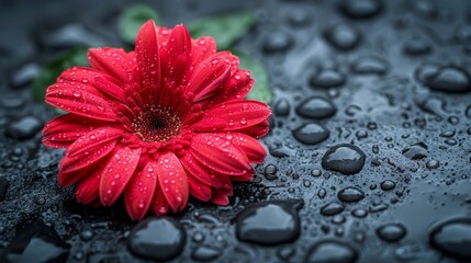  A crimson bloom atop a pool of H2O adjacent to a verdant foliage with drizzle
