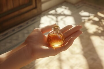 Hand holding small bottle of oil