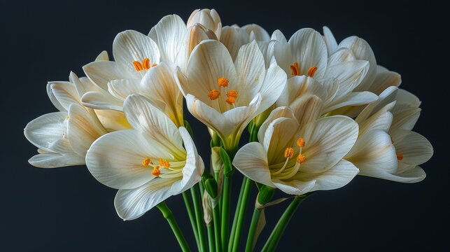  A vase filled with white flowers against a dark backdrop, featuring prominent yellow stamens in the foreground