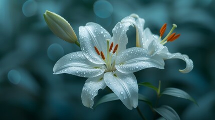  A clearer image of a white lily with water droplets on its petals and a more focused background