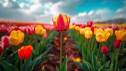 Zelfklevend Fotobehang Lone Red and Yellow Tulip Standing Out in a Field © Jonas