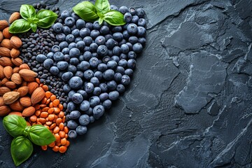 Heart-shaped arrangement of healthy foods with blueberries, almonds, and sea buckthorn on dark...
