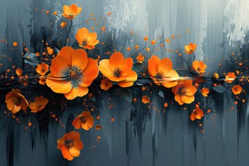 flowers on the wall, Abstract artistic background. 3d, illustration, floral, golden brushstrokes....