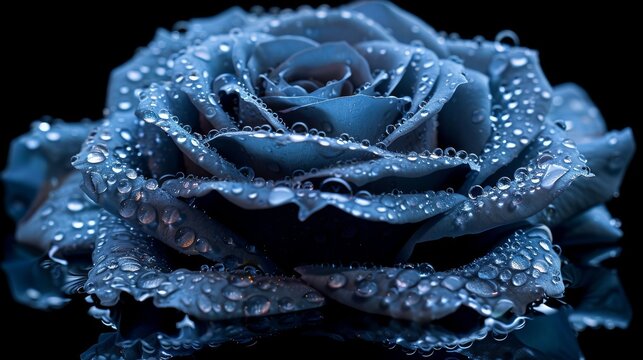  A close-up photo of a blue rose with water droplets on its petals against a black backdrop