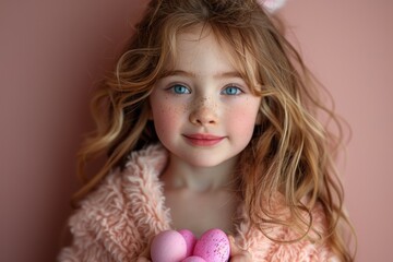 Fototapeta premium A child with blue eyes and freckles holds colorful eggs, symbolizing innocence and the joy of springtime.