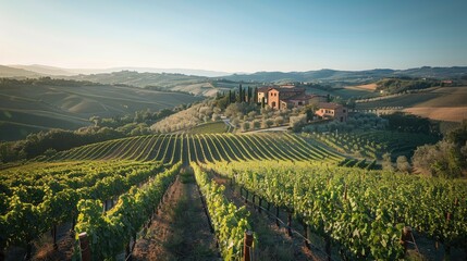 Idyllic Tuscan Vineyard at Sunset - obrazy, fototapety, plakaty