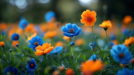  A field of blue and orange flowers, with a bee atop each flower's center - obrazy, fototapety, plakaty