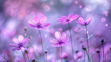  A field of purple flowers in the grass, surrounded by pink blooms against a blue sky