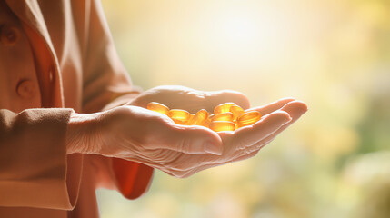 Hands holding vitamin D capsules with a sunny background.