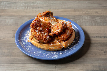 A view of a plate of chicken and waffles.