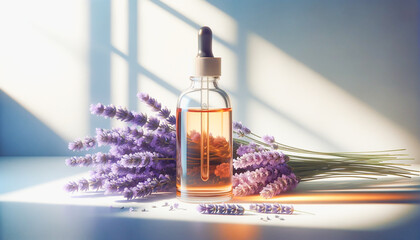Glass dropper bottle with lavender essence and fresh lavender flowers in sunlight.
