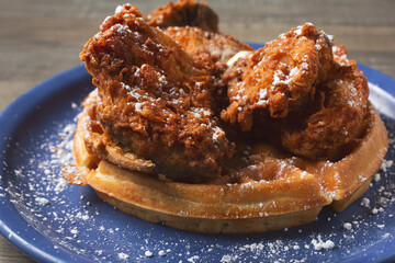 A closeup view of a plate of chicken and waffles.