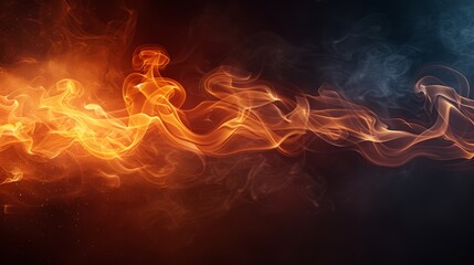  Close-up photo of burning fire on dark backdrop with red, yellow smoke trail to the left - obrazy, fototapety, plakaty