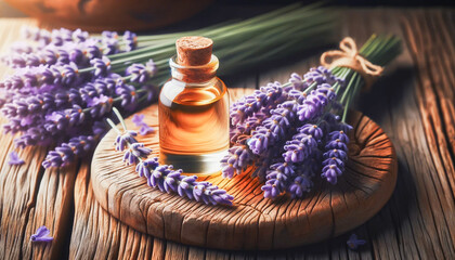 Bottle of essential oil with lavender flowers on a wooden surface.