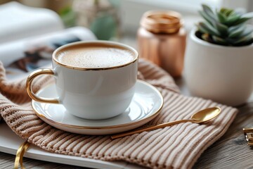 Fototapeta premium A cozy coffee moment with a latte in an elegant white cup, a gold spoon, and a soft pink sweater, creating a warm and inviting atmosphere.