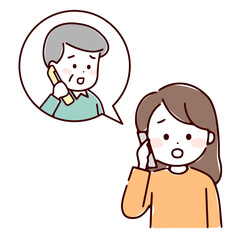電話で不安な表情になる女性とシニア男性