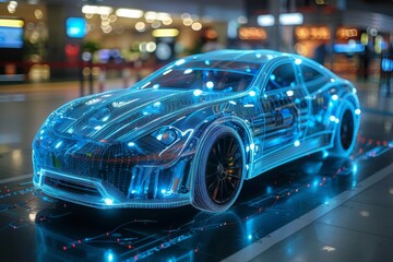 A futuristic car model highlighted with digital overlays in a modern vehicle design studio.