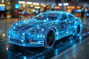 A futuristic car model highlighted with digital overlays in a modern vehicle design studio.