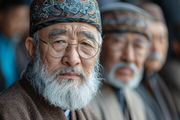 Elderly men with traditional headwear and spectacles in focused contemplation, culture-rich attire prominent.