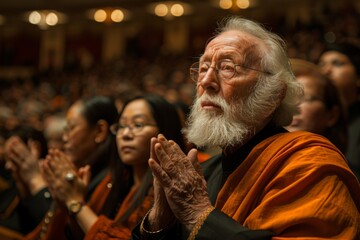 Obraz premium An elder man with white beard and glasses clasps hands in prayer among a crowd.