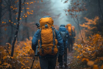 Hikers in vibrant yellow gear trek through a frosty forest under a gentle snowfall.
