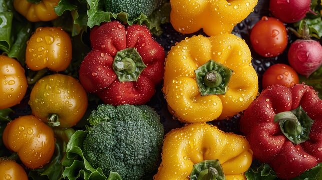  A colorful array of peppers and broccoli with water droplets on top and bottom