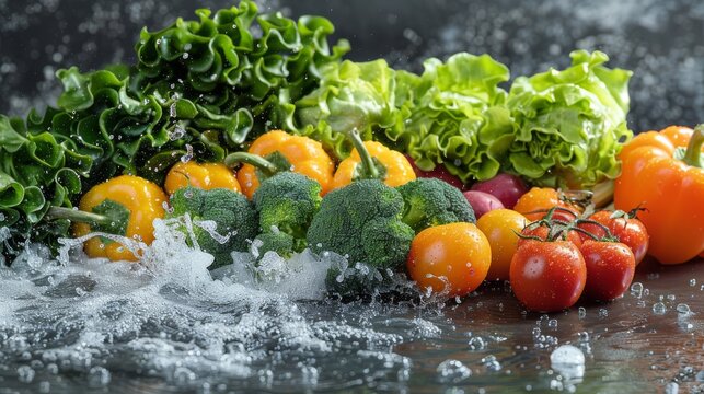  A close-up photo of a vegetable spread on a table with water droplets on the table and in the background are heads of lettuce, tomatoes, broccoli, and