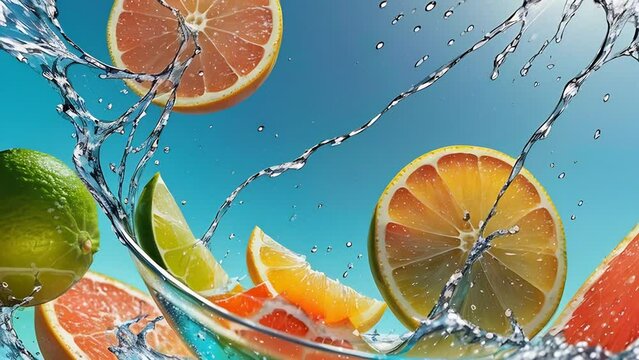 Generative ai animation of sparkling water splash in clear blue, capturing slices of citrus fruits like lime, lemon, and grapefruit - Generative AI